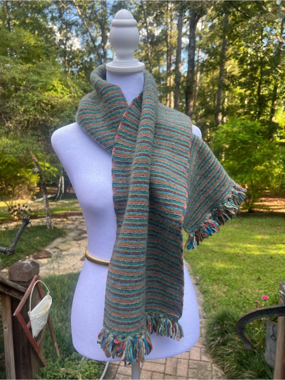 Vintage 100% Lambswool Striped Scarf Multicolor Fringe Made Hong Kong